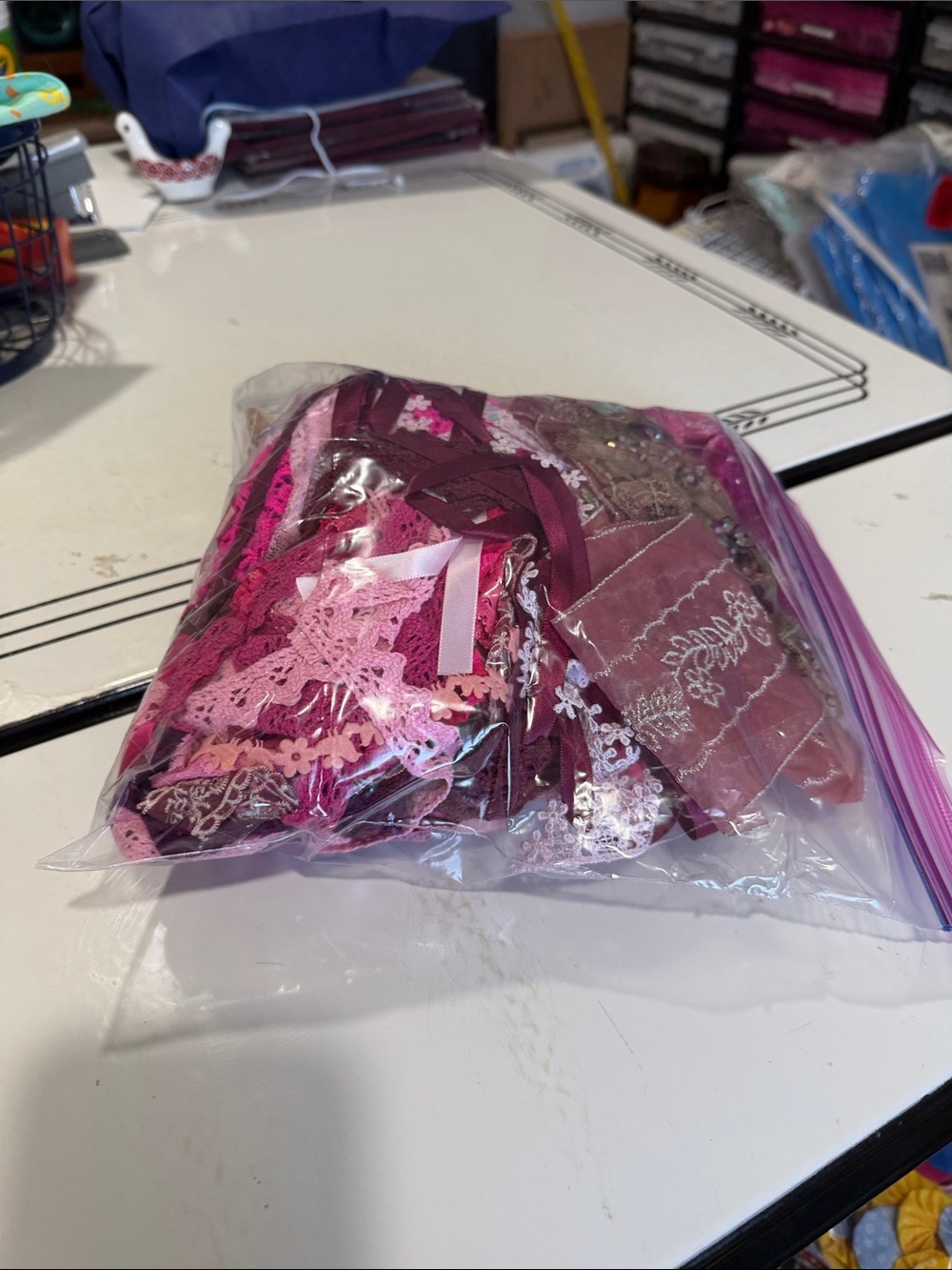 Lot of 53 Yards of Ribbon and Trims in Shades of Pink